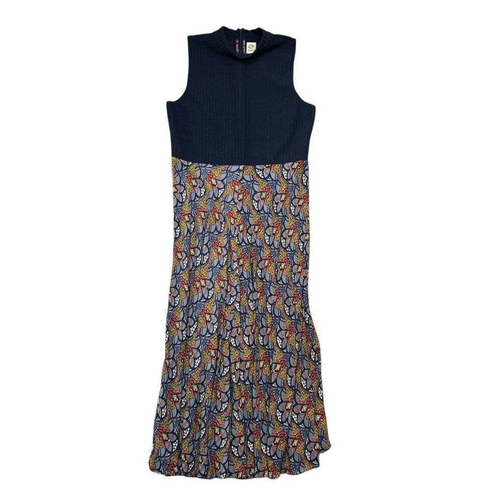 Anthropologie Navy Ribbed Bodice Mixed-Print Maxi Dress